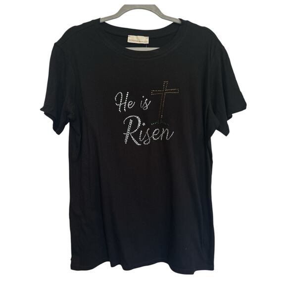 Rhinestone Easter Cross He Is Risen T-Shirt Short Sleeve Black Tee NEW Sparkly! - Picture 2 of 4